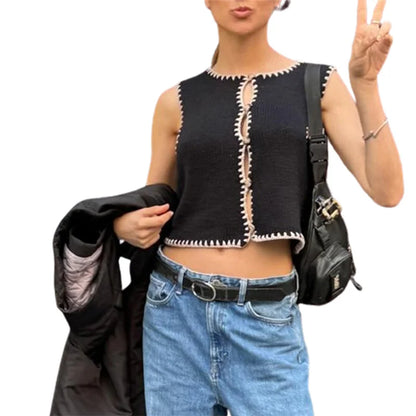 LVSANW Lamuusaa Sweater Vest y2k Women Contrast Color Round Neck Single Breasted Sleeveless Cardigan Crop Top 2000s Clothing Streetwear