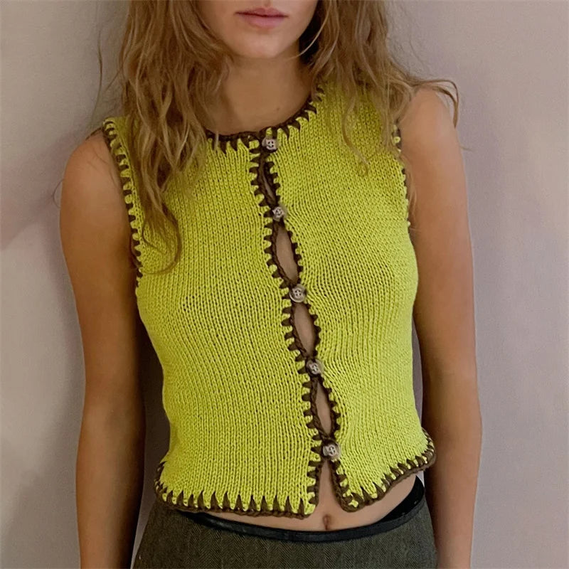 LVSANW Lamuusaa Sweater Vest y2k Women Contrast Color Round Neck Single Breasted Sleeveless Cardigan Crop Top 2000s Clothing Streetwear