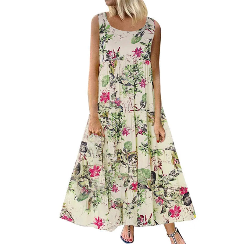 LVSANW Large Long Beach Skirt 2024 Summer Amazon Floral Sleeveless Round Neck Loose Fitting Long Dress Bohemian Casual Dress