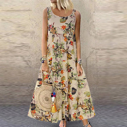 LVSANW Large Long Beach Skirt 2024 Summer Amazon Floral Sleeveless Round Neck Loose Fitting Long Dress Bohemian Casual Dress