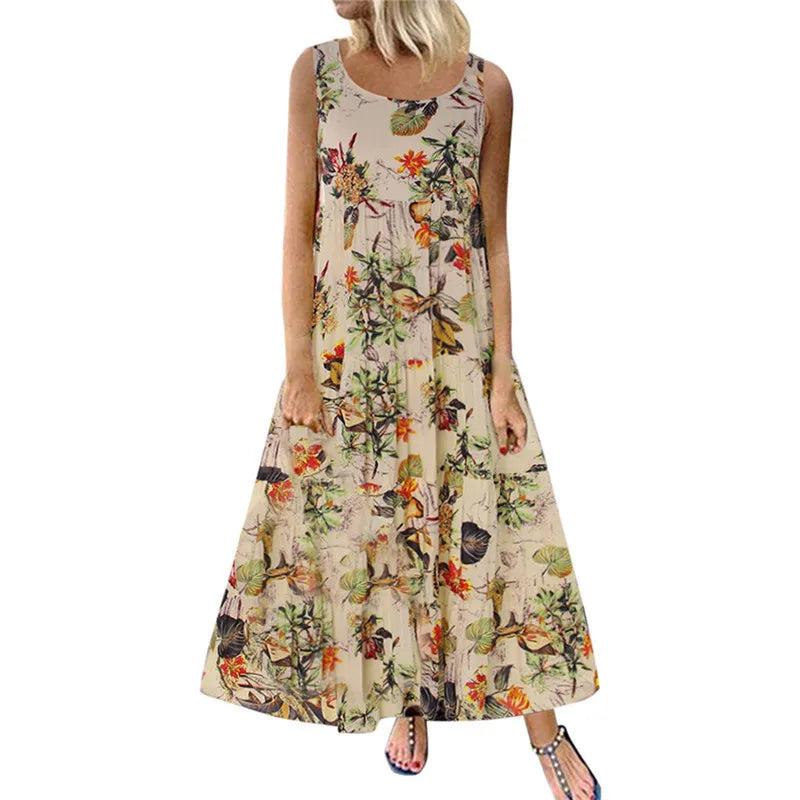 LVSANW Large Long Beach Skirt 2024 Summer Amazon Floral Sleeveless Round Neck Loose Fitting Long Dress Bohemian Casual Dress