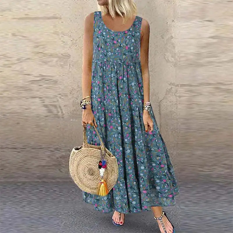 LVSANW Large Long Beach Skirt 2024 Summer Amazon Floral Sleeveless Round Neck Loose Fitting Long Dress Bohemian Casual Dress