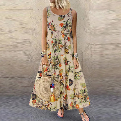 LVSANW Large Long Beach Skirt 2024 Summer Amazon Floral Sleeveless Round Neck Loose Fitting Long Dress Bohemian Casual Dress