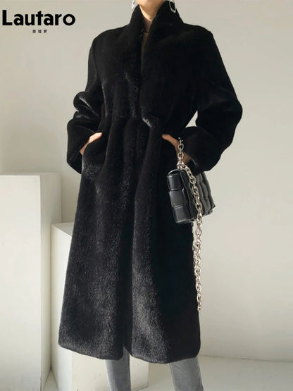 LVSANW Lautaro Winter Long Black Luxury Elegant Stylish Thick Warm Fluffy Hairy Soft Faux Mink Fur Coat Women Stand Collar Sashes 2025