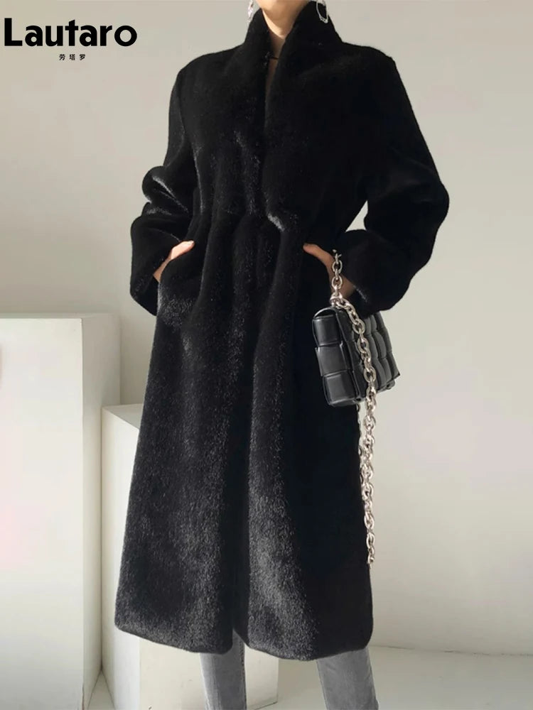 LVSANW Lautaro Winter Long Black Luxury Elegant Stylish Thick Warm Fluffy Hairy Soft Faux Mink Fur Coat Women Stand Collar Sashes 2025