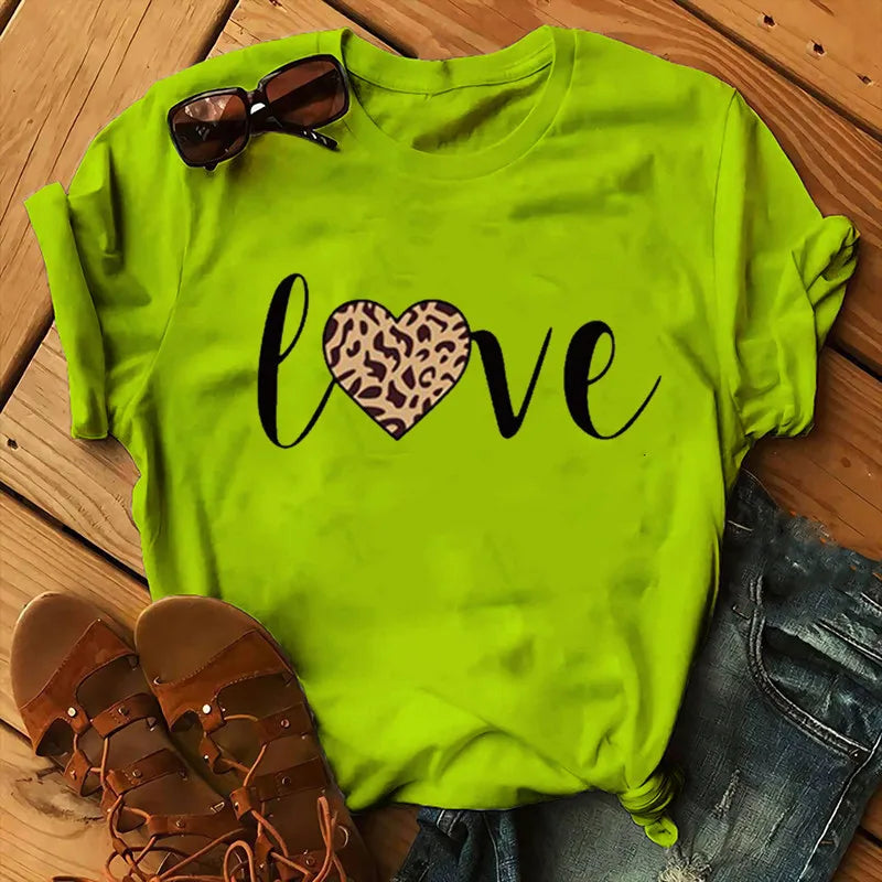 LVSANW Leopard Love Print Women T Shirt Short Sleeve O Neck Loose Women Tshirt Ladies Fashion Tee Shirt Tops Clothes Camisetas Mujer