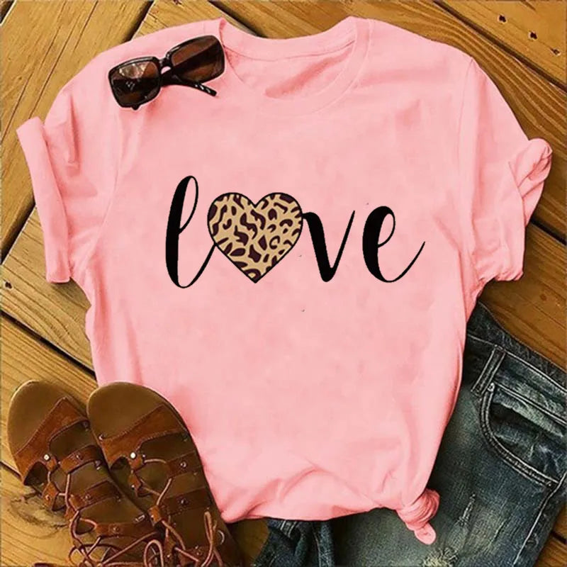 LVSANW Leopard Love Print Women T Shirt Short Sleeve O Neck Loose Women Tshirt Ladies Fashion Tee Shirt Tops Clothes Camisetas Mujer