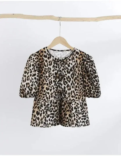 LVSANW Leopard Print Shirt For Women Bow Lace Up O-neck Short Puff Sleeve Female T-shirt 2024 Summer Fashion All-match Street Lady Tops