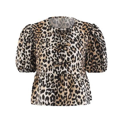 LVSANW Leopard Print Shirt For Women Bow Lace Up O-neck Short Puff Sleeve Female T-shirt 2024 Summer Fashion All-match Street Lady Tops