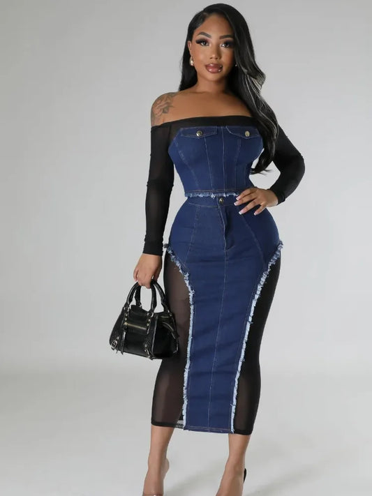 LVSANW Leosd Sexy Black Mesh Patchwork Blue Denim Long Skirt Sets Women Long Sleeve Slash Neck Crop Top 2 Pieces Sets Party Clubwear