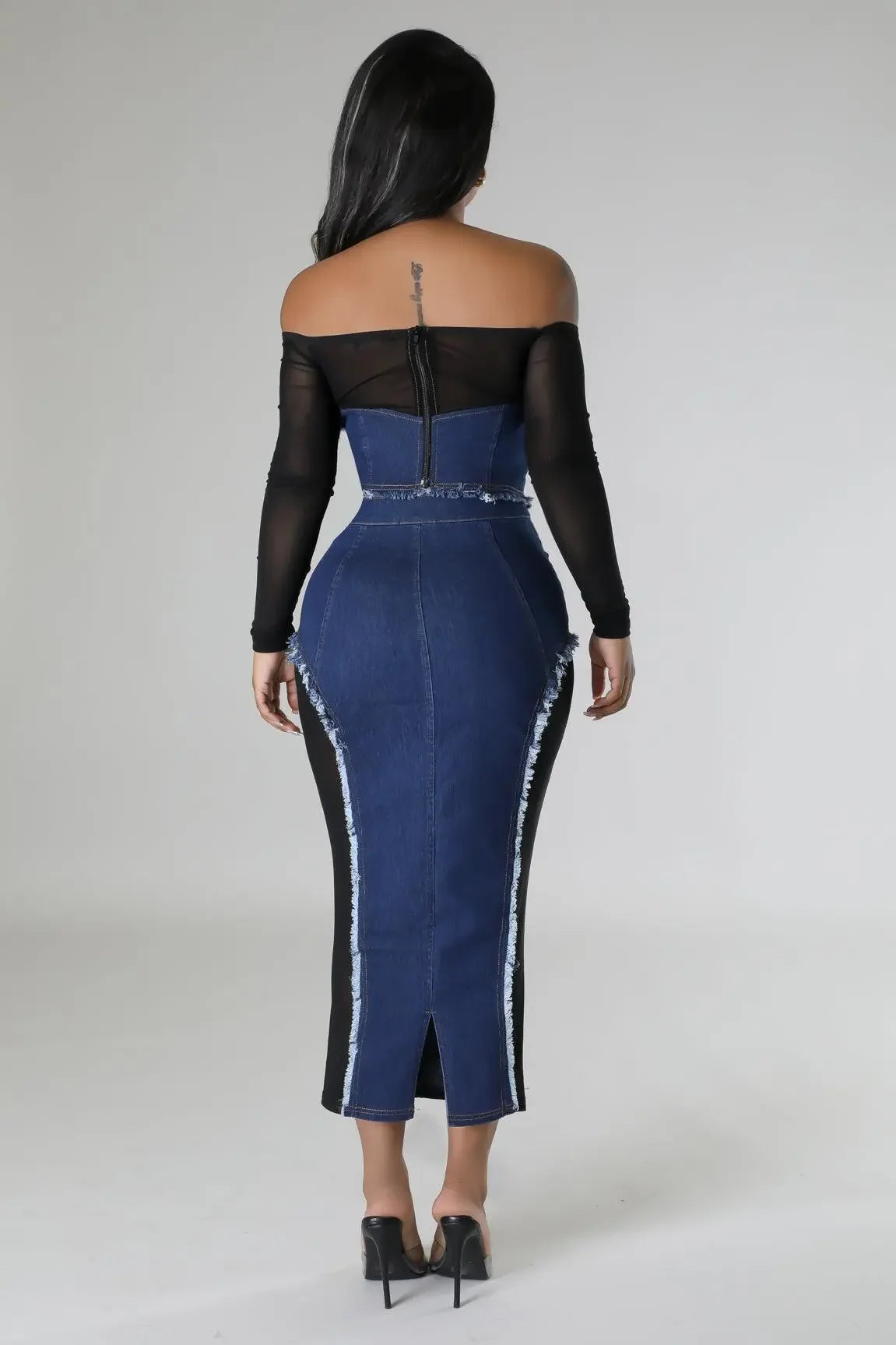 LVSANW Leosd Sexy Black Mesh Patchwork Blue Denim Long Skirt Sets Women Long Sleeve Slash Neck Crop Top 2 Pieces Sets Party Clubwear