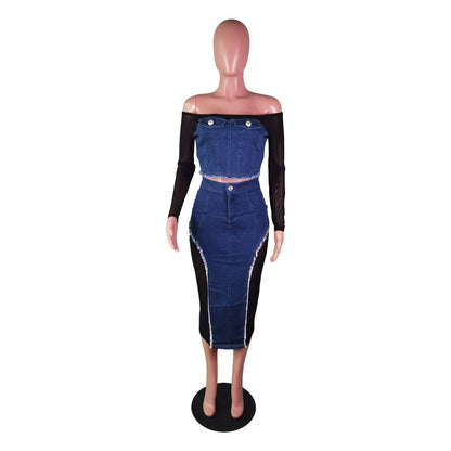 LVSANW Leosd Sexy Black Mesh Patchwork Blue Denim Long Skirt Sets Women Long Sleeve Slash Neck Crop Top 2 Pieces Sets Party Clubwear