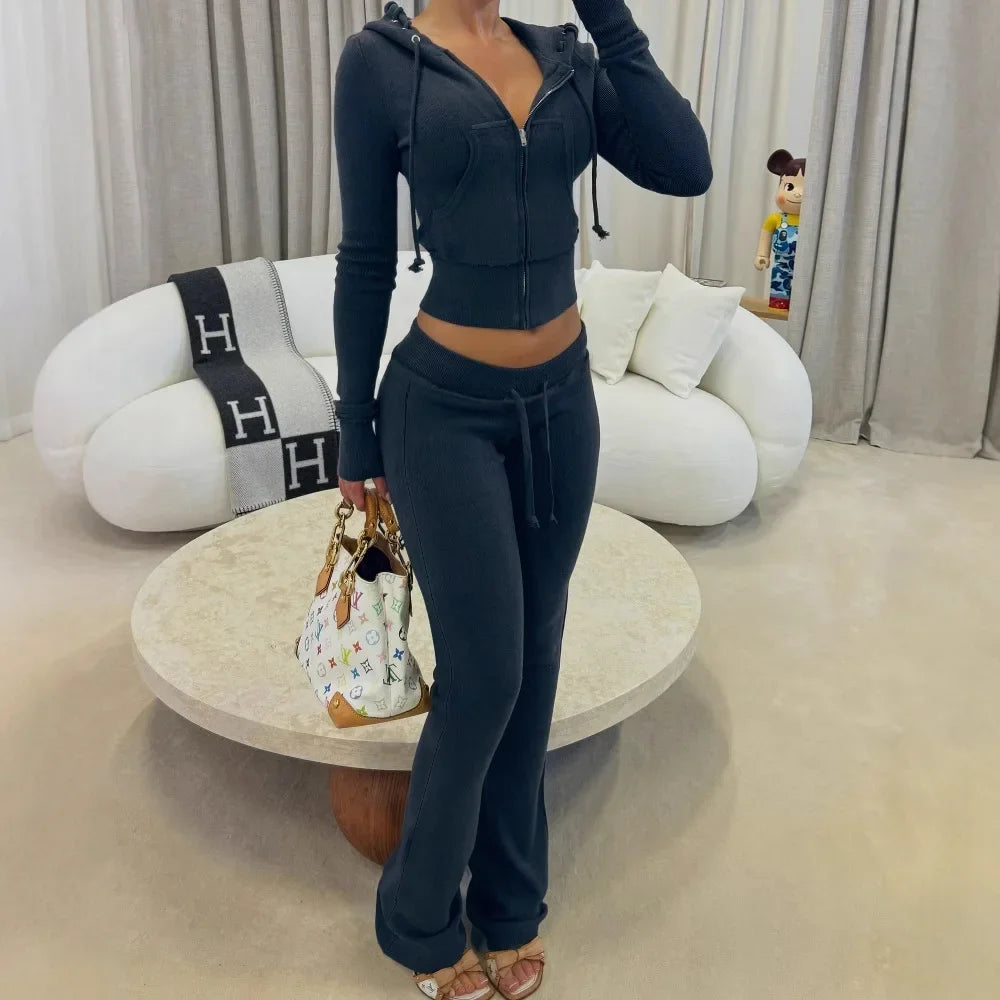 LVSANW Leosoxs Patchwork 2 Piece Set Tracksuit Women Zip Wide Waist Crop Hooded Pocket Jacket + Sporty Pants Matching Casual Basic Suit