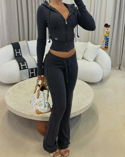 LVSANW Leosoxs Patchwork 2 Piece Set Tracksuit Women Zip Wide Waist Crop Hooded Pocket Jacket + Sporty Pants Matching Casual Basic Suit