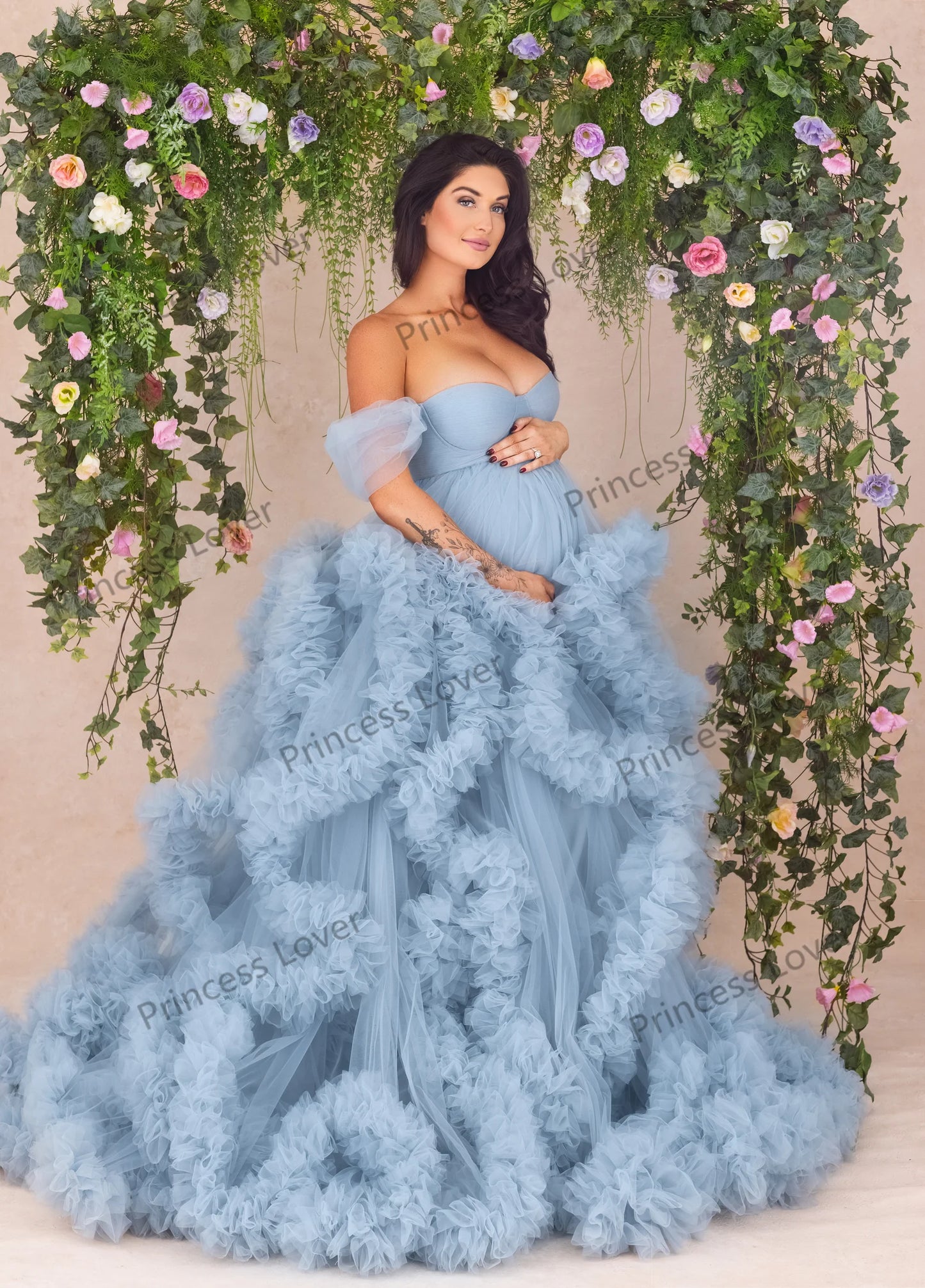 LVSANW Light Sky Blue Prom Dresses Women Tiered Ruffles Evening Gown Flowy Tulle Dress Pregnant Woman Photography Vestidos Customized