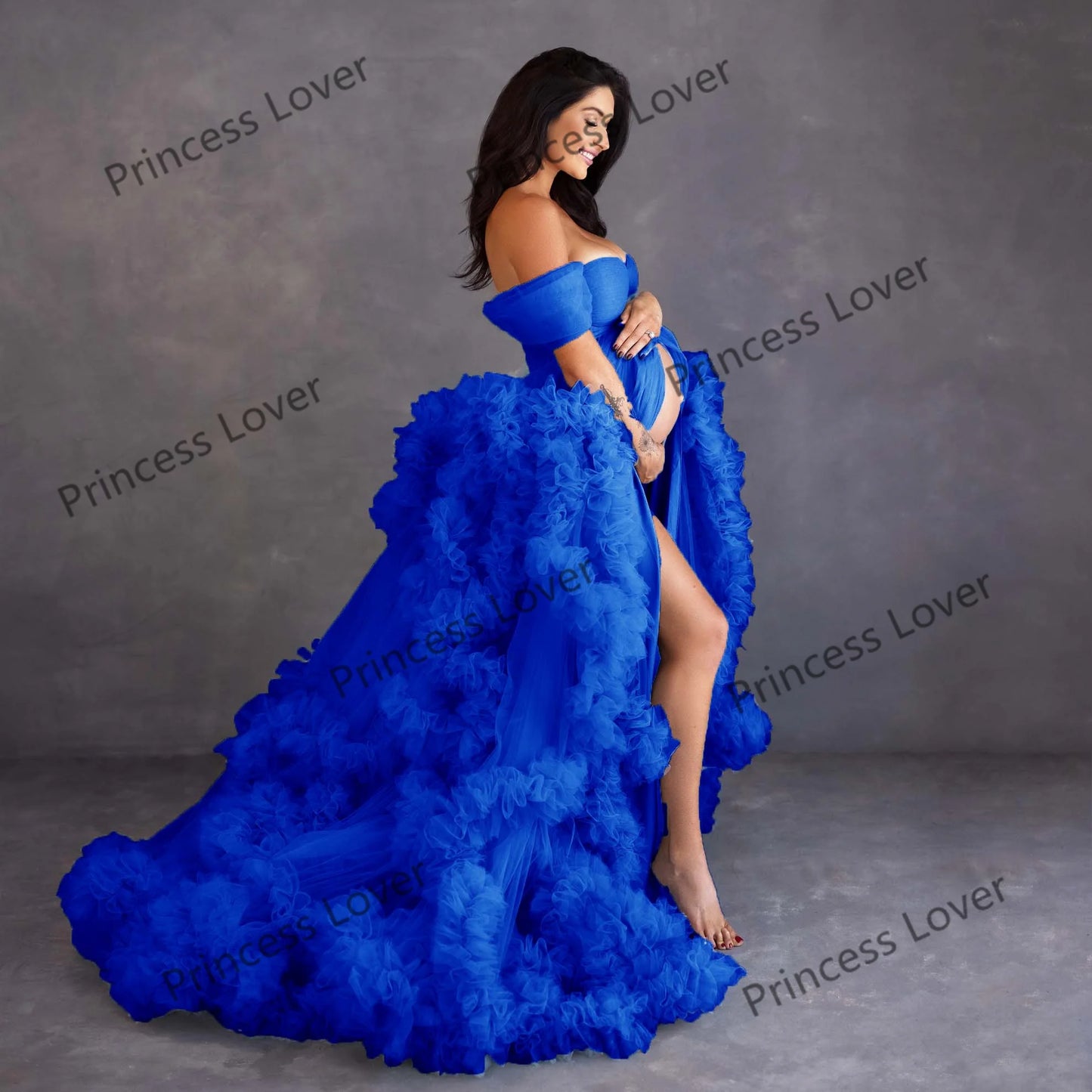 LVSANW Light Sky Blue Prom Dresses Women Tiered Ruffles Evening Gown Flowy Tulle Dress Pregnant Woman Photography Vestidos Customized