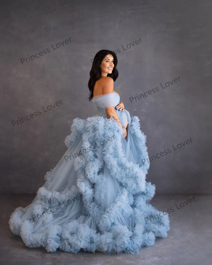 LVSANW Light Sky Blue Prom Dresses Women Tiered Ruffles Evening Gown Flowy Tulle Dress Pregnant Woman Photography Vestidos Customized