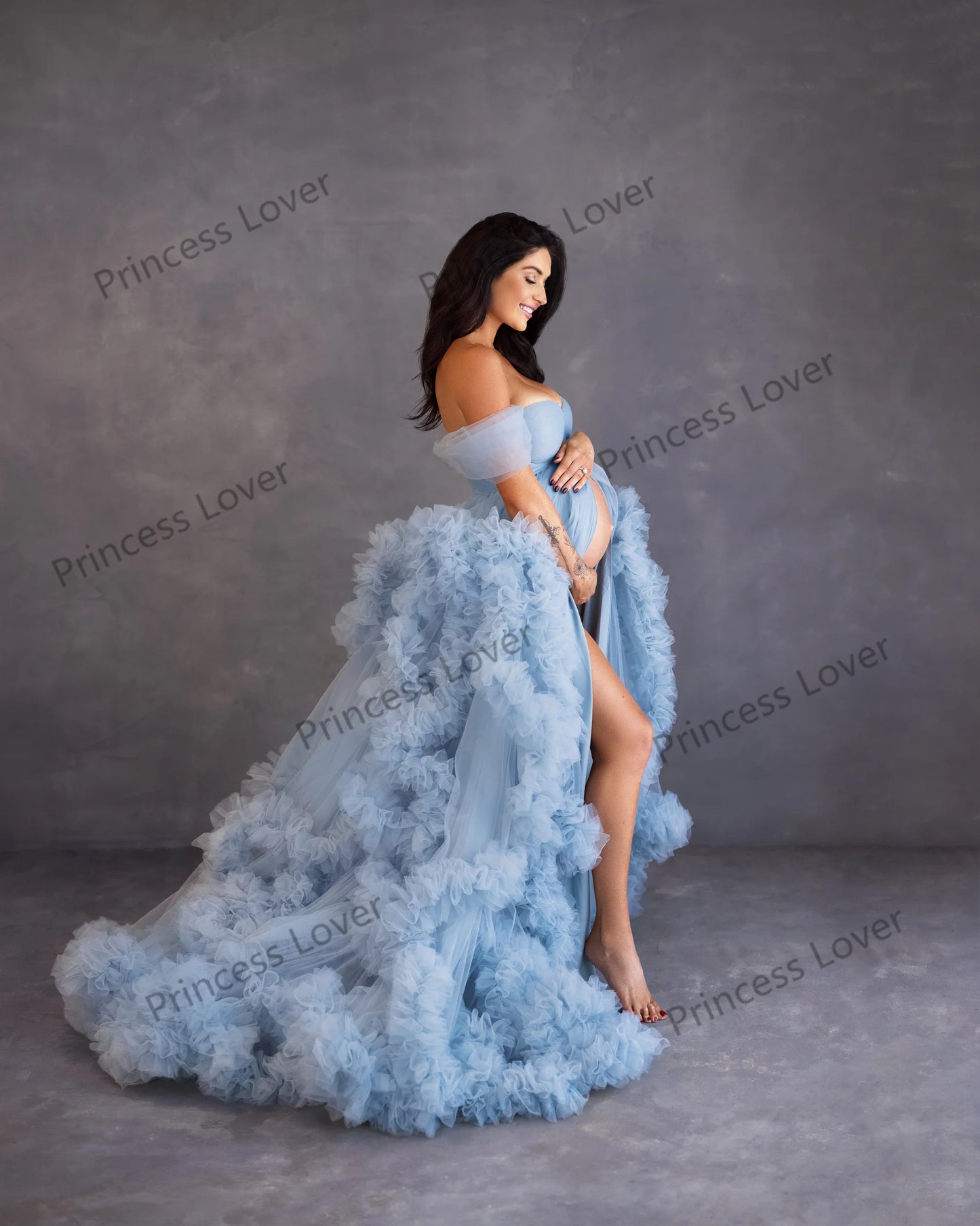 LVSANW Light Sky Blue Prom Dresses Women Tiered Ruffles Evening Gown Flowy Tulle Dress Pregnant Woman Photography Vestidos Customized