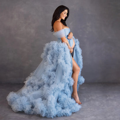 LVSANW Light Sky Blue Prom Dresses Women Tiered Ruffles Evening Gown Flowy Tulle Dress Pregnant Woman Photography Vestidos Customized