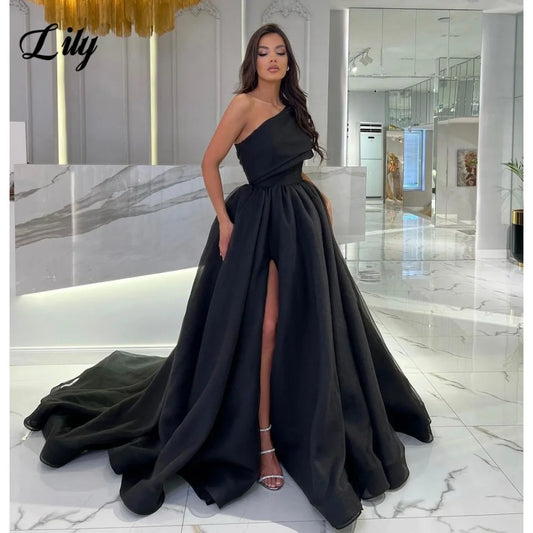 LVSANW Lily Black One Shoulder Prom Dress Elegant Backless Evening Gown for Woman Organza Side Split Party Dresses robe de soirée femme