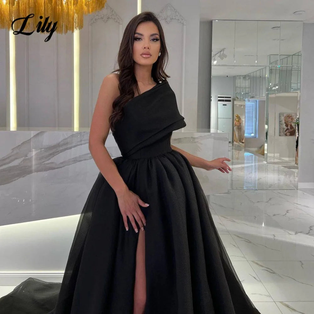 LVSANW Lily Black One Shoulder Prom Dress Elegant Backless Evening Gown for Woman Organza Side Split Party Dresses robe de soirée femme