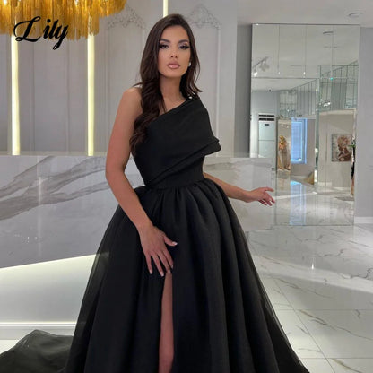 LVSANW Lily Black One Shoulder Prom Dress Elegant Backless Evening Gown for Woman Organza Side Split Party Dresses robe de soirée femme