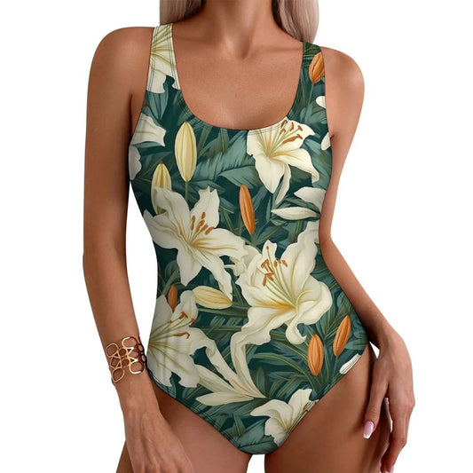 LVSANW Lily Floral Swimsuit Sexy White Flower Print One-Piece Swimwear Push Up Swimsuits Classic Holiday Pool Monokini