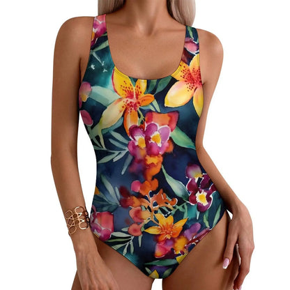 LVSANW Lily Floral Swimsuit Sexy White Flower Print One-Piece Swimwear Push Up Swimsuits Classic Holiday Pool Monokini