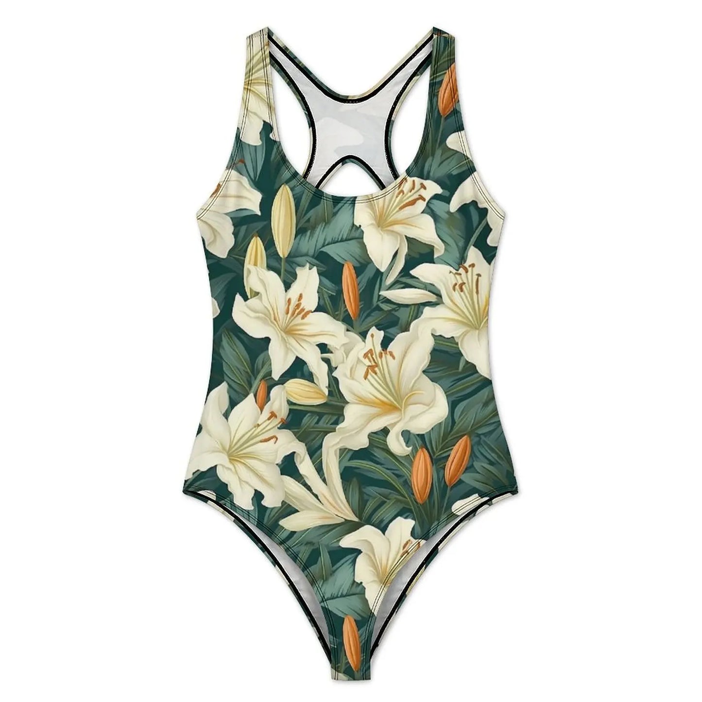 LVSANW Lily Floral Swimsuit Sexy White Flower Print One-Piece Swimwear Push Up Swimsuits Classic Holiday Pool Monokini