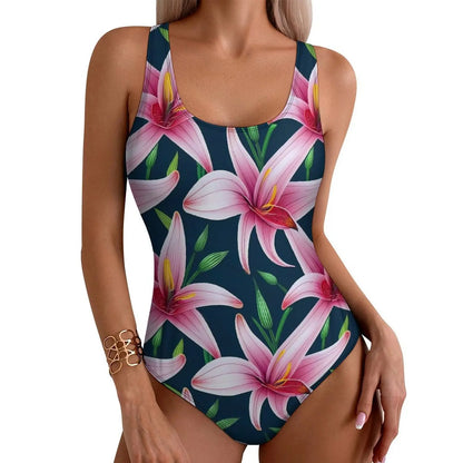 LVSANW Lily Floral Swimsuit Sexy White Flower Print One-Piece Swimwear Push Up Swimsuits Classic Holiday Pool Monokini