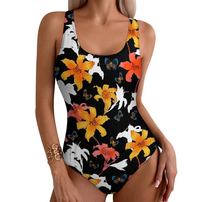 LVSANW Lily Floral Swimsuit Sexy White Flower Print One-Piece Swimwear Push Up Swimsuits Classic Holiday Pool Monokini