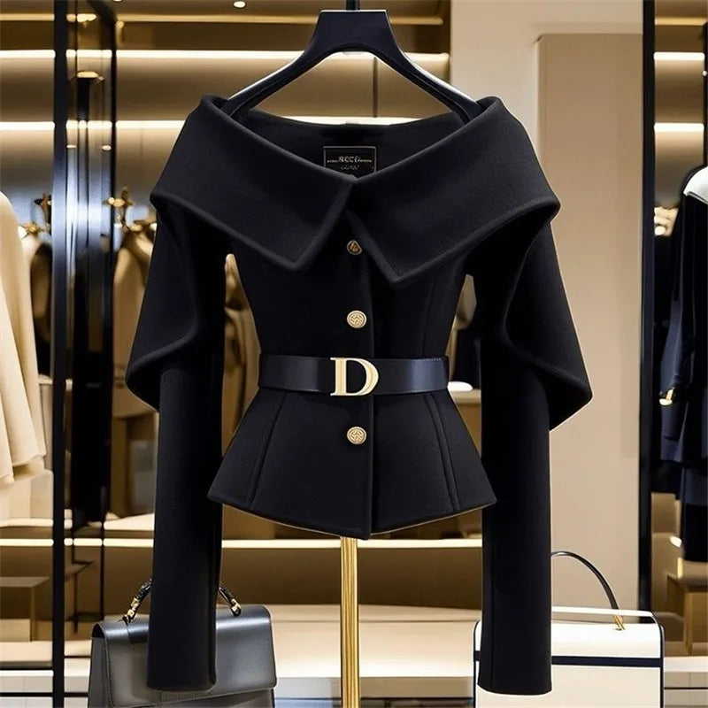 LVSANW Limiguyue Black Short Jacket for Women Small Fragrance Letter Belt Coat High End Design Turn Down Collar Tops Autumn Winter 493P