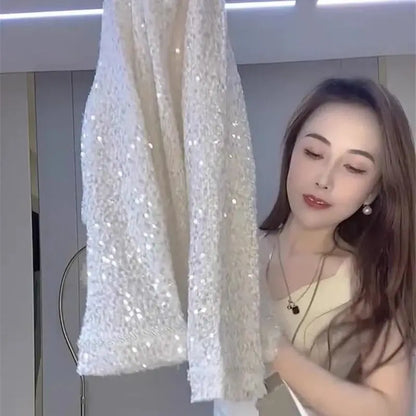 LVSANW Limiguyue Fashion White Sequin Blouse Women Spring Autumn French O-neck Pearl T-Shirt New Beading Flare Sleeve Tops Elegant 613P