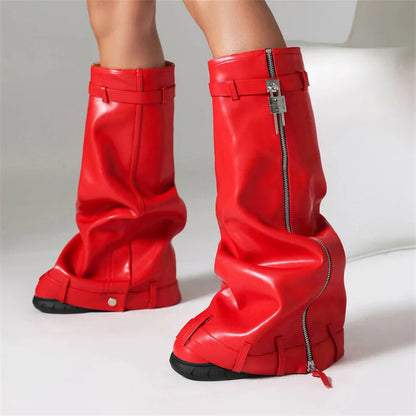 LVSANW Lock Metal Women's Platform Boots Trend 2024 Zipper Large Size Women's Mid Calf Boots Punk Style Wedges Boots Female Women Shoes