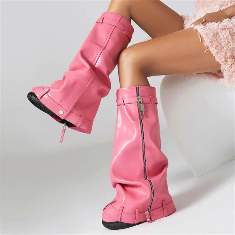 LVSANW Lock Metal Women's Platform Boots Trend 2024 Zipper Large Size Women's Mid Calf Boots Punk Style Wedges Boots Female Women Shoes