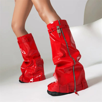 LVSANW Lock Metal Women's Platform Boots Trend 2024 Zipper Large Size Women's Mid Calf Boots Punk Style Wedges Boots Female Women Shoes