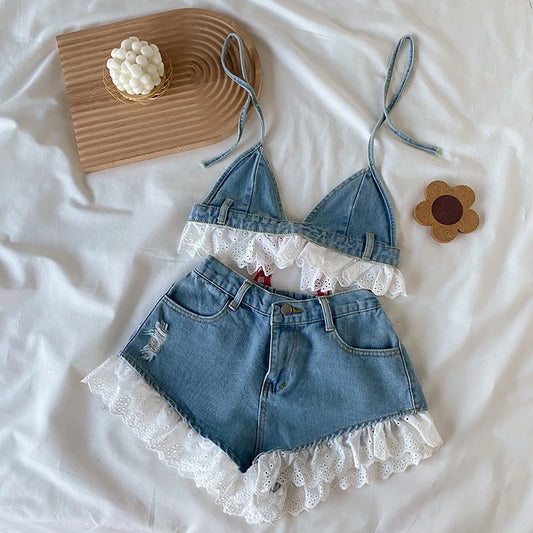 LVSANW Lolita Girls Blue Denim Lace Two Piece Set Y2K Women Bustier Camis Crop Top High Waist Shorts Outfits Sexy Femenino 2 Piece Set