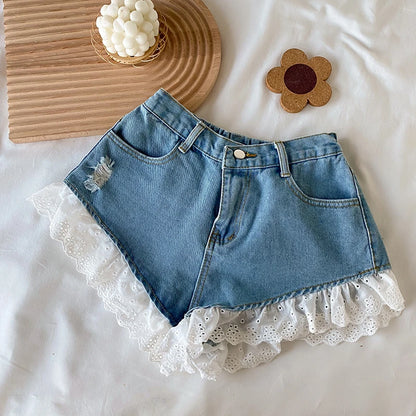 LVSANW Lolita Girls Blue Denim Lace Two Piece Set Y2K Women Bustier Camis Crop Top High Waist Shorts Outfits Sexy Femenino 2 Piece Set