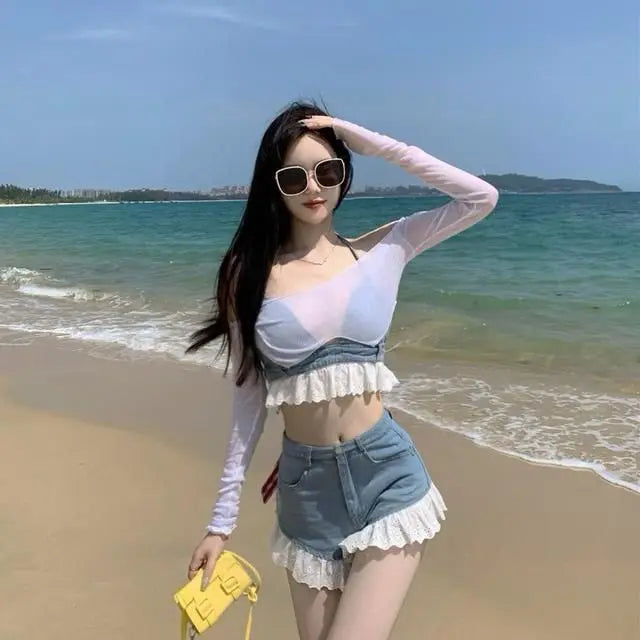 LVSANW Lolita Girls Blue Denim Lace Two Piece Set Y2K Women Bustier Camis Crop Top High Waist Shorts Outfits Sexy Femenino 2 Piece Set