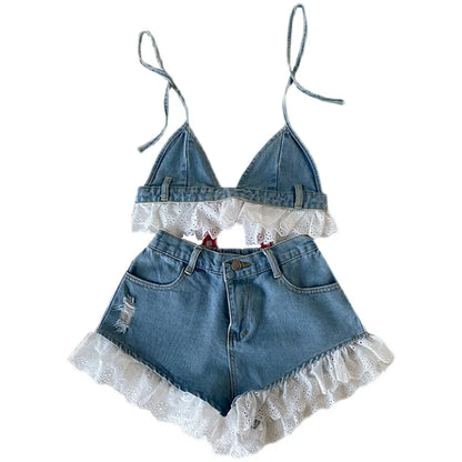 LVSANW Lolita Girls Blue Denim Lace Two Piece Set Y2K Women Bustier Camis Crop Top High Waist Shorts Outfits Sexy Femenino 2 Piece Set