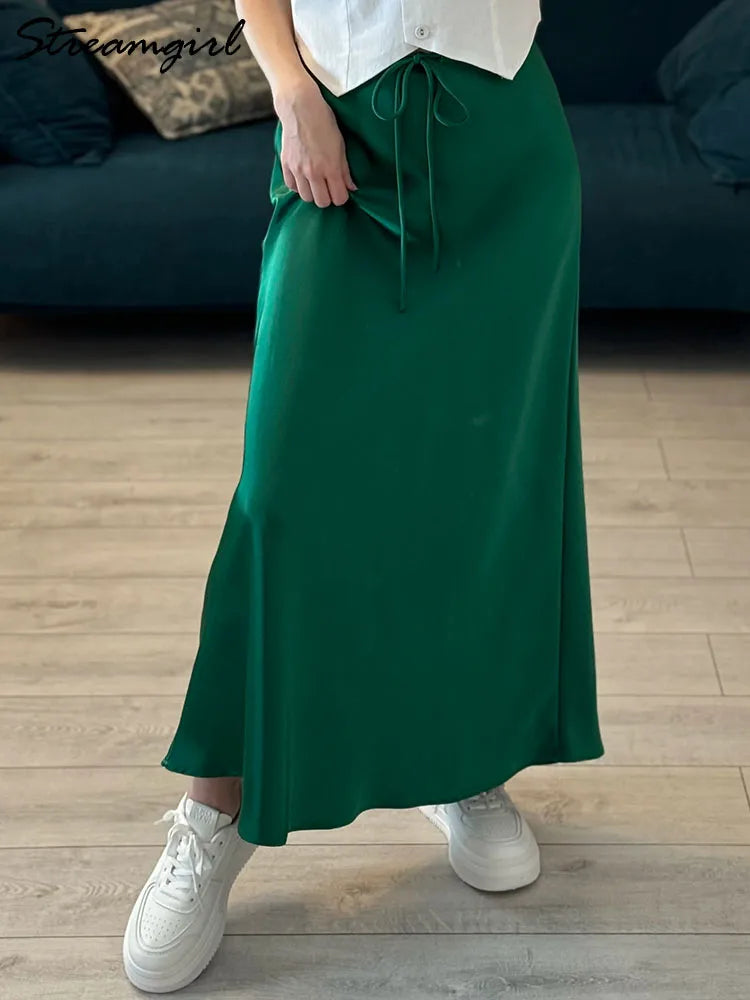 LVSANW Long Black Satin Skirts For Women 2025 Spring Summer Straight Maxi Green Skirt Elegant Beige Women Satin Silk Skirts Long Brown