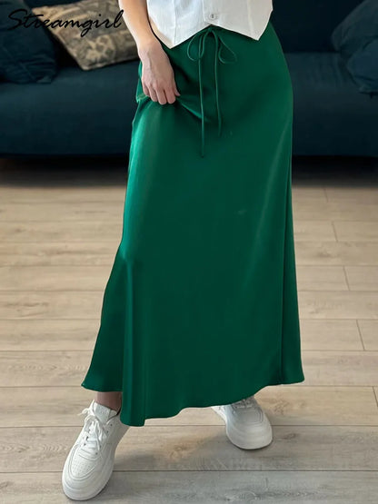 LVSANW Long Black Satin Skirts For Women 2025 Spring Summer Straight Maxi Green Skirt Elegant Beige Women Satin Silk Skirts Long Brown