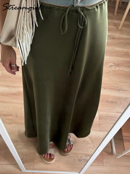 LVSANW Long Black Satin Skirts For Women 2025 Spring Summer Straight Maxi Green Skirt Elegant Beige Women Satin Silk Skirts Long Brown