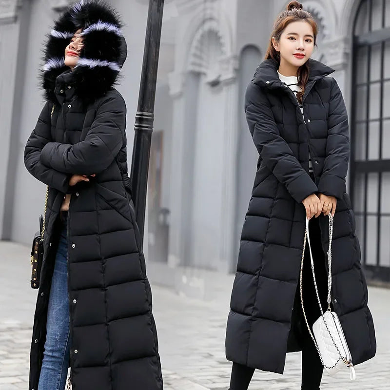 LVSANW Long Down Cotton Parkas Coat Female New Winter Over Knee Loose Large Fur Collar Hooded Warm Thick Parkas Women  Padded Overcoat