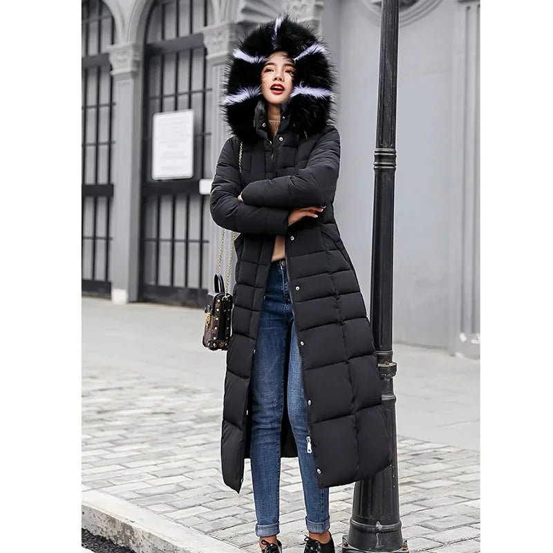 LVSANW Long Down Cotton Parkas Coat Female New Winter Over Knee Loose Large Fur Collar Hooded Warm Thick Parkas Women  Padded Overcoat