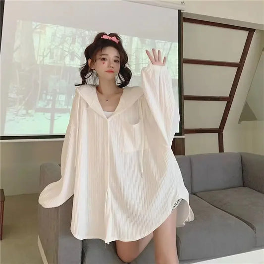 LVSANW Long Sleeve Fashion Woman Blouse 2024 Hat Coats Youthful Elegant Women's Shirts Oversized Shirt Blouses Top & Stylish White