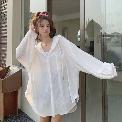 LVSANW Long Sleeve Fashion Woman Blouse 2024 Hat Coats Youthful Elegant Women's Shirts Oversized Shirt Blouses Top & Stylish White