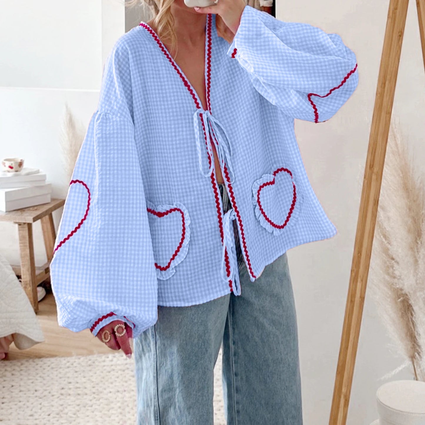 LVSANW Long Sleeve Heart Embroidery Plaid Shirts Women Front Bowknot Tie-Up Fashion Autumn Deep V Neck Casual Tops