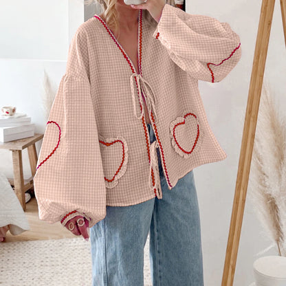 LVSANW Long Sleeve Heart Embroidery Plaid Shirts Women Front Bowknot Tie-Up Fashion Autumn Deep V Neck Casual Tops