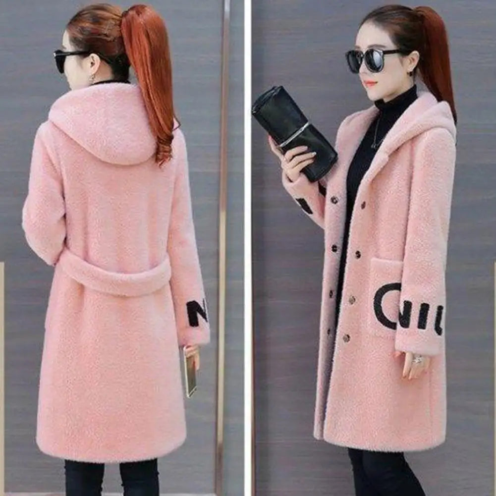 LVSANW Long Sleeve Hooded Pockets Letter Print Single Breasted Plush Coat Women Winter Thickened Imitation Lambswool Overcoat